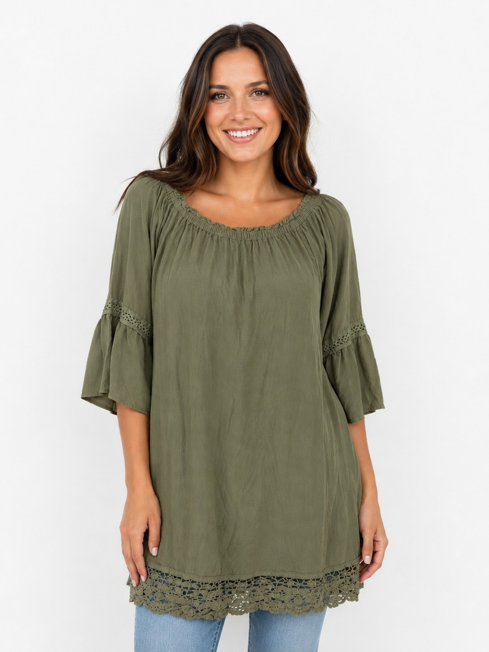 Flying Tomato Olive Crochet-Hem Peasant Tunic Top Women's Size Small